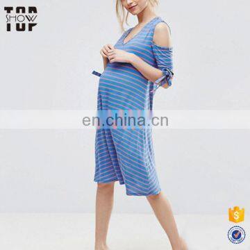 Latest maternity dress designs nursing wear striped cold shoulder clothes