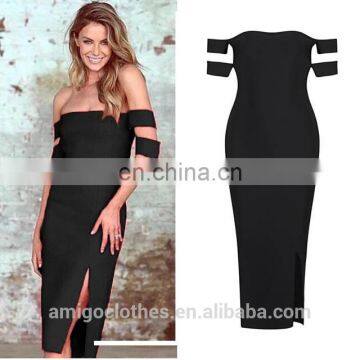 Amigo 2017 new designer sex black off-shoulder double sleeve jigh slit bandage dress long evening dresses for women party wear