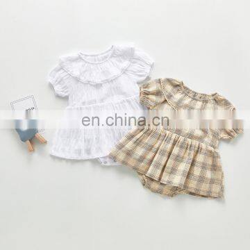 Infant and young children's summer female baby retro plaid short-sleeved ha skirt floral cotton romper ruffled romper