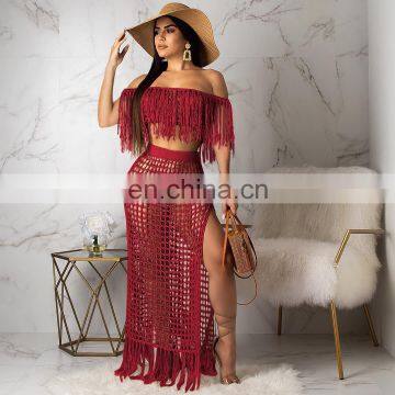 Summer Crochet Dress Beach Wear 2 Piece Crop Top And Skirt Set For Women Long Sleeve Tassels Slash Neck Two Piece Knit Sets photo-3