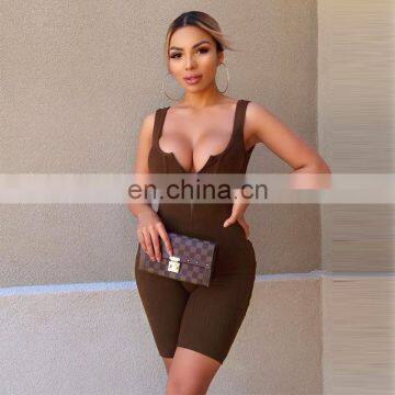 2020 New Arrivals Women Sleeveless Bodycon Casual Jumpsuit Ladies V-Neck Sportswear Playsuit With Zippers photo-5