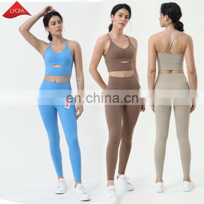 Wholesale Customize Spandex Hollow Out Bra Match High Waist Leggings Two Piece Yoga Gym Suit Set Women Fitness Sports Set