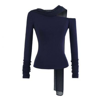 Retro Mallard brown off-shoulder draped halter long-sleeve knit top for women, early autumn, elegant, slim-fit, flattering short top