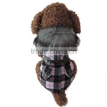 Luxury Fur Collar Horn Buttons Pink Lattice Plaid Dog Coat with Extra Heavy Soft Wool Material fit for Autumn and Winter