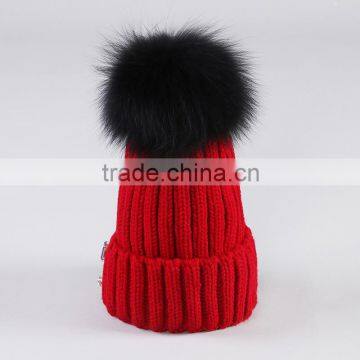 Winter Fashion Big Size Real Fox Fur Pompom Knitted Lady Wool Cap