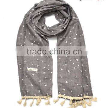 Hot Selling Star Printed Tassel Lace Brim Sewed Boys Girls Kids Linen Cotton Scarf photo-4