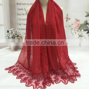 High Quality 2016 Spring Newest Embroidery Lace Brim Cotton Linen Scarves for Women