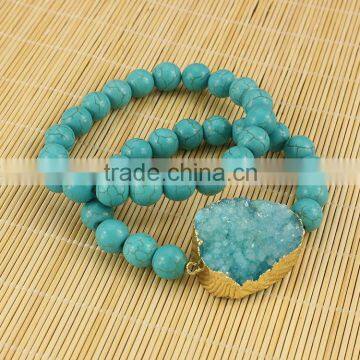 BRH1504 Boho Bracelet, Green Turquoise Beaded Green Druzy Elastic Bracelet