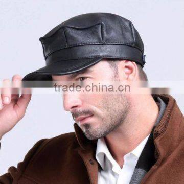 NEW 2015 men's fashion genuine leather flat top beret hat cow leather cap hat