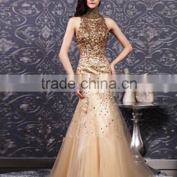 2015 Woman Summer Dress Ellie Saab Sexy Luxurious Mermaid Hi Neck Beaded Sequins Prom Evening Formal Gown Brand Dress TPD238