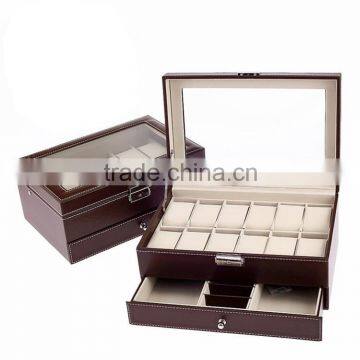 Clad PU Leather,Wood Boxes & Cases Material Multi-function 12 Slots Leather Watch Storage Box With Drawer
