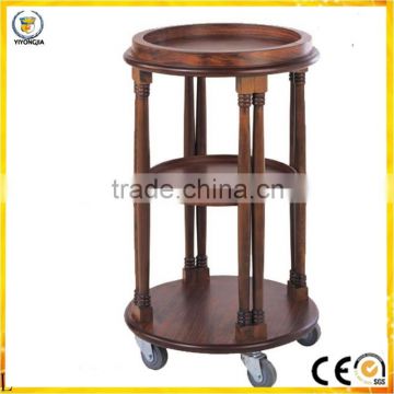 black wood wooden China style round wine service liquor trolley with four 4 wheels