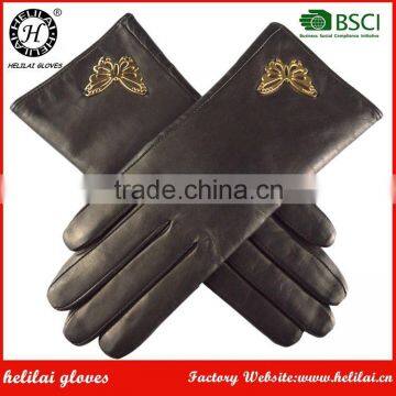 Wholesale Cheap Winter Warm Ladies Ladies Black Leather Gloves With Metal Accessories