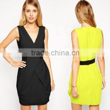 100% Polyester V-neckline wrap front elegant pictures office dress for ladies