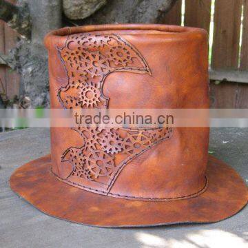 Leather Steampunk Tophat with Gears - Natural Tanned - Designed by BLUE KING LEATHER