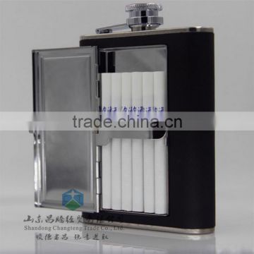 6 oz Leather Surface Stainless Steel Hip Flask With Cigarette Box