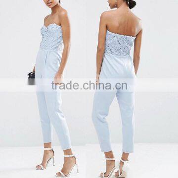 Oem Trousers Factory New Design off Shoulder Shinny Crochet Lace Ladies Sexy Jumpsuits 2016