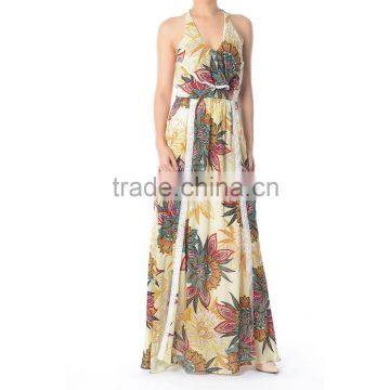 young lady halter neck printing maxi dress women casual