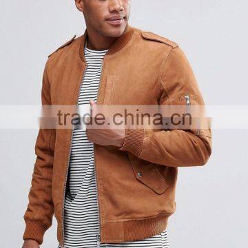 Mgoo Brown Suede Bomber Jacket Customize Embroidery Slim Fitness Zip Up Men's Leather Coats With Side Pocket photo-5