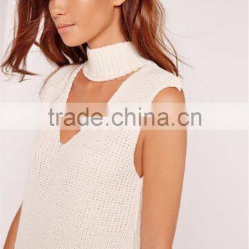 Plain White Women Knitwear With Split Hem Cut Out Front Ladies Sweater Choker Neck Chunky Tunic Cream photo-5