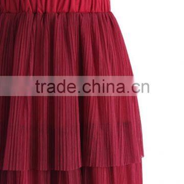 2016 Guangzhou Shandao Supplier Latest Model Good Quality Women Summer Casual 3 Layers Pleated Red Long Chiffon Skirt photo-3