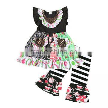 2017 summer Girls Ruffle pant And Tunic Boutique Clothing flutter sleeve kids modeling clothes custom design wholesale clothing