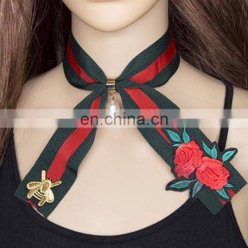 Fashion Embroidery Rose Bee Pearl Pendant Women Girls Strip Scarf Choker Necklace Jewelry