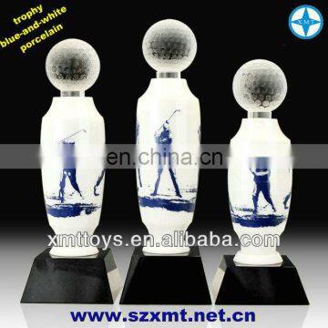 beautiful custom blue and white porcelain trophy for golf