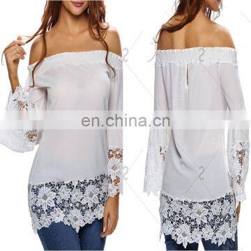 MIKA72062 White Off The Shoulder See-Through Floral Elegant Lace Tops Blouses