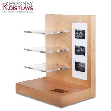 counter table wood sunglasses display rack with logo board and three tiers