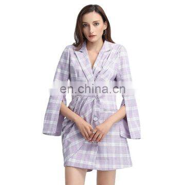TWOTWINSTYLE Dress Notched Long Sleeve High Waist Elegant Mini Dresses Female Ruched Plaid photo-2