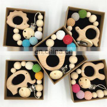 Newborn Baby Animal Pacifier Chain Wooden Beads Teething Toys