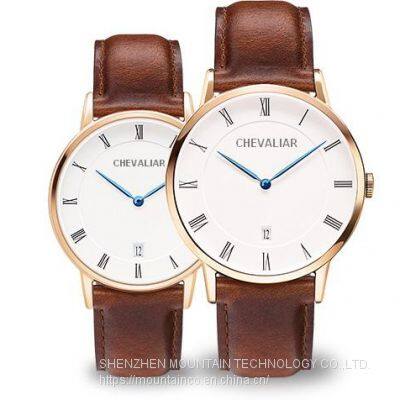 Stainless Steel Fashion Man Watches Ultra-thin Quartz Woman Watch Genuine Leather Lady Watch photo-2