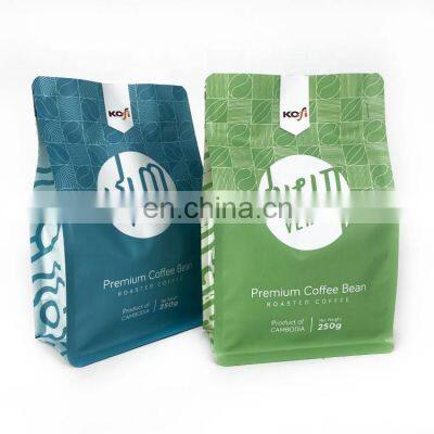 Wholesale aluminum foil square bottom pouch stand up zipper valve coffee bean bag 250g with coffee design