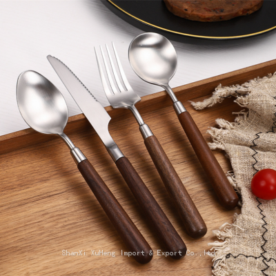 High Quality Wholesale China Factory Price Set of 4 Pieces Plated Silverware Cutlery Set Stainless Steel With Round Wood Handle Dinner Knife Fork Spoon photo-5