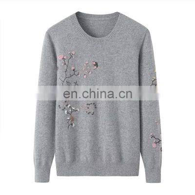 Custom Stylish O-Neck Casual Knit Loose 100% Cashmere Sweater for Women with Floral Embroidery for Winter