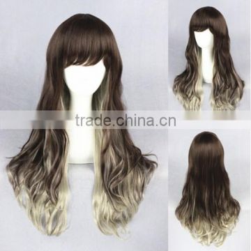 High Quality 65cm Medium Long Wave Brown&Gray Color Mixed Lolita Wig Synthetic Anime Wig Cosplay Hair Wig Party Wig