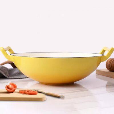 36cm Cast Iron Enamelled Wok Big Size Chinese Wok Red Double-handle Pot for Home Restaurant Chef Cooking photo-4