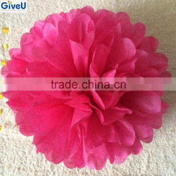 Deep Pink Color D25cm 17gsm Tissue Paper Flowers Pom pom Paper Decoration Wedding Party