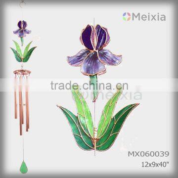 MX060039 wholesale wind chime with tiffany style stained glass flower craft decoration top and metal wind chime pipe