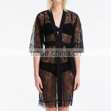 Wholesale Cheap Private Labels Sexy Black Bride Women Eyelash Lace Bridal Sleeping Robes