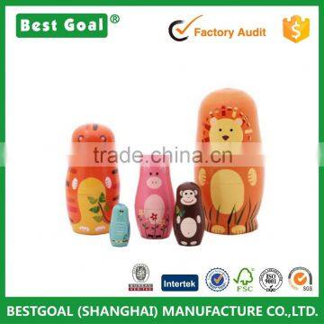 5pcs Handmade Wooden Cute Cartoon Animals nesting doll Pattern 6"