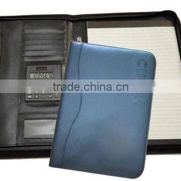 Black Leather Zipper Seminar Padfolio With Calculator