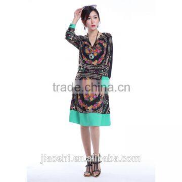 Cheap Long Sleeve Digital Print Chinese Green Raw Silk Evening Dress Wholesale photo-2