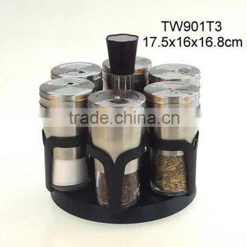 TW901T3 6pcs glass spice jar set with stainless steel casing and plastic stand