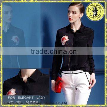 Broadcloth Elegant Pure Black Autumn Female Office Shirts