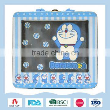 Cartoon figure lunch tin box with a window fpr children