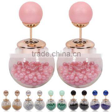 2016 New style hot selling hourglass shape double imitation pearl two ball stud earrings