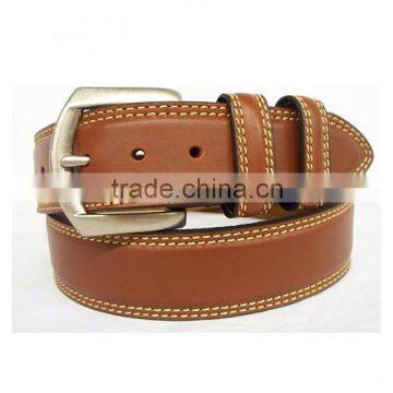 100% Genuine Leather Silver-tone Buckle Men's Brown Stitched Leather Belt