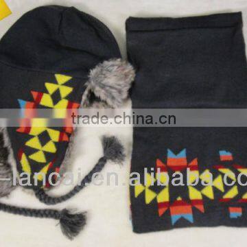 2013 fashion winter acrylic knitted double layer jacq. trapper hat scarf set